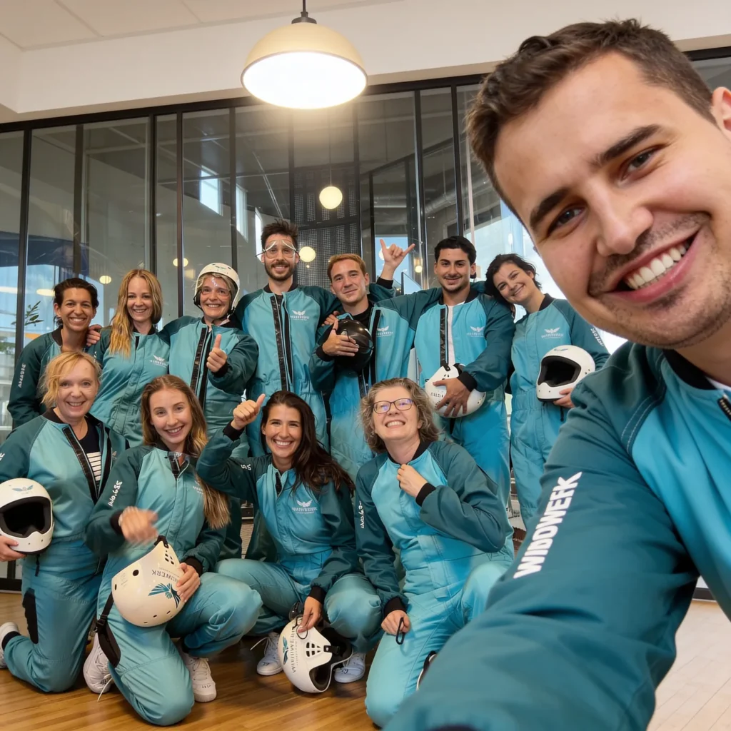 Das Team des LernCenter Zürich in türkisen Fluganzügen beim gemeinsamen Ausflug in den Windkanal