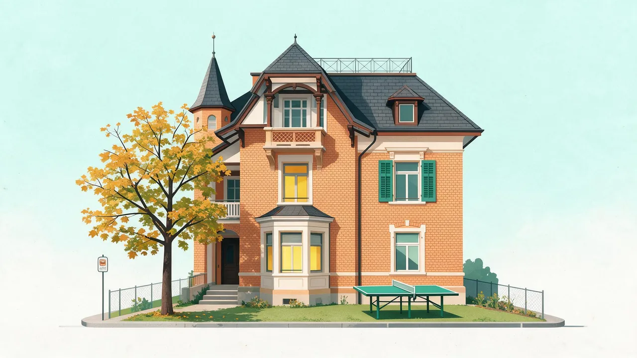 Illustration der Villa des LernCenters mit Garten, Tischtennistisch und Tramhaltestelle