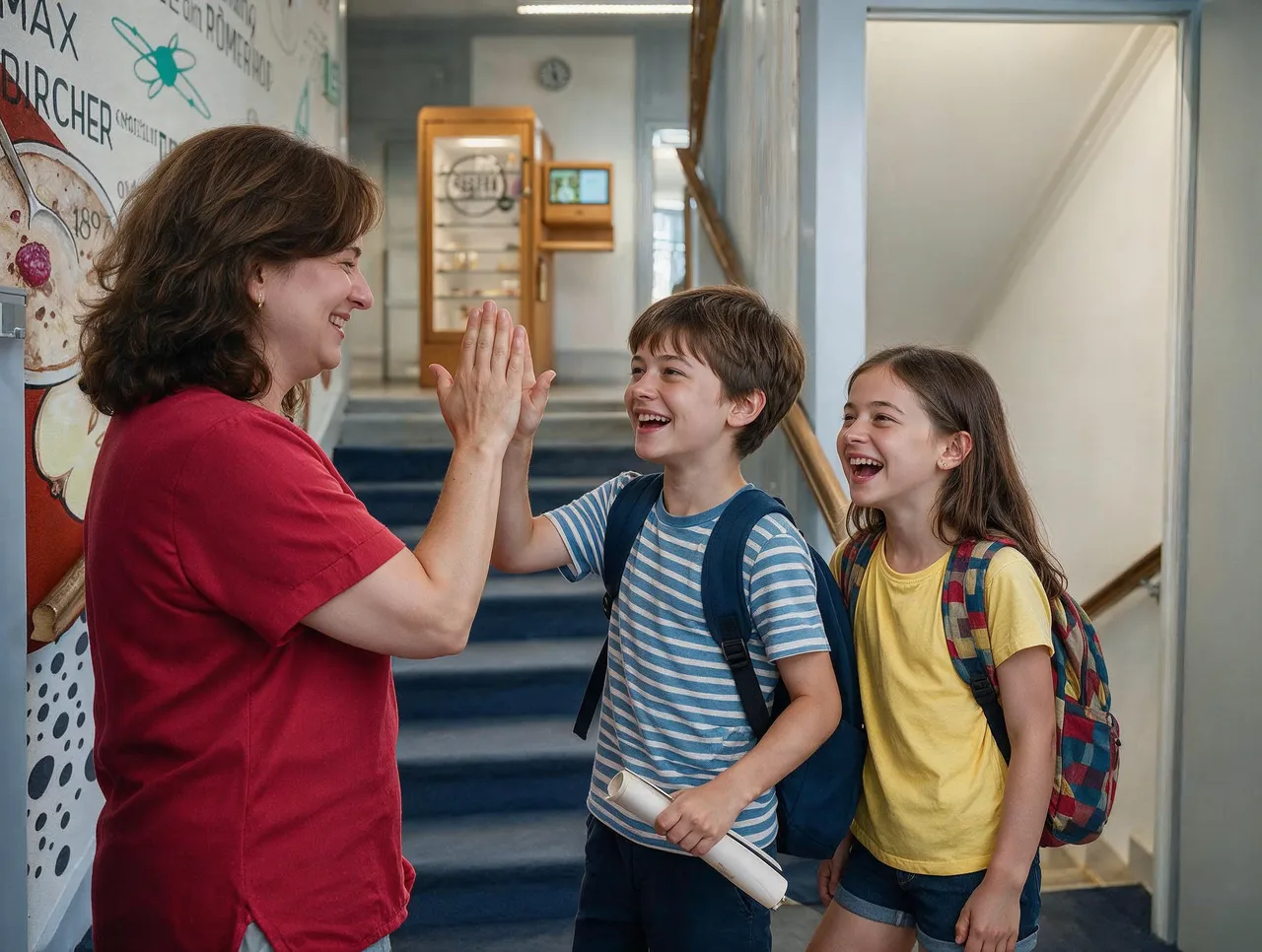 Lehrerin begrüsst ein ankommendes Primarschulkind im Treppenhaus des LernCenter