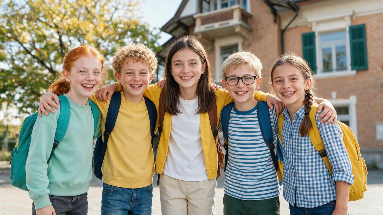 Fünf lachende Primarschülerinnen und Primarschüler vor dem LernCenter Schulhaus in Zürich