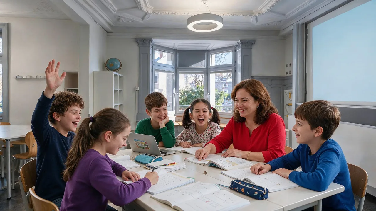 Lehrerin lernt mit einer kleinen Klasse am gemeinsamen Tisch