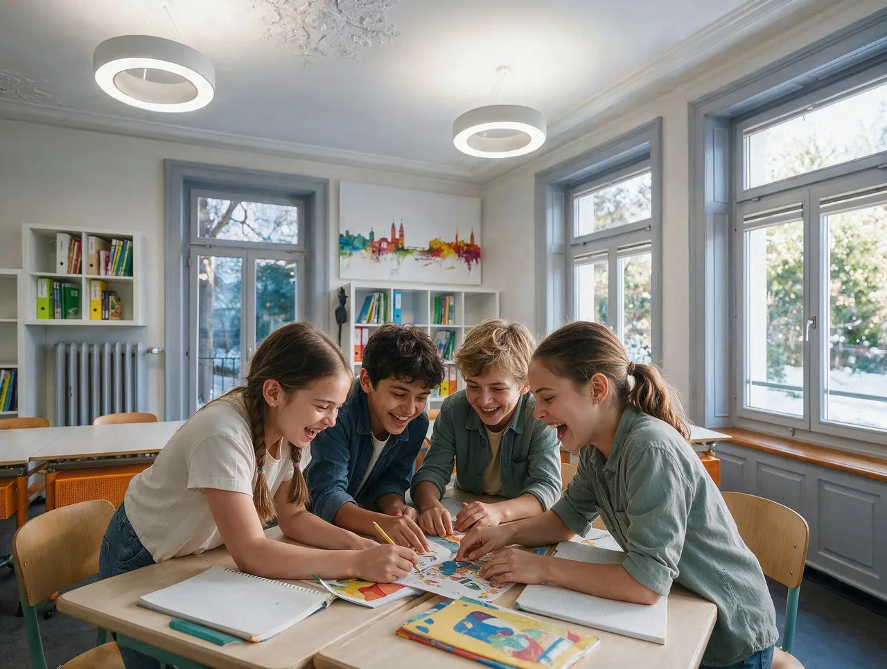 Lachende Kinder arbeiten gemeinsam im LernAtelier der Primarschule